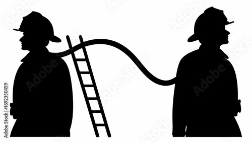 Silhouette of two firefighters connected by a hose with ladder in between on white background
