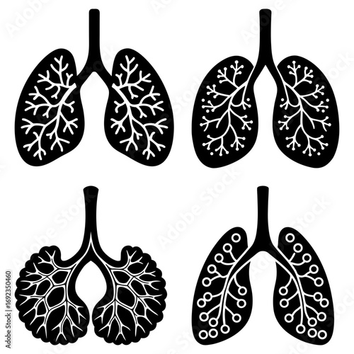 Four lung illustrations showing different branching patterns in black and white anatomical representation
