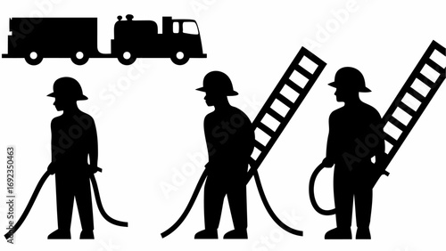 Silhouette of fire truck and three firefighters with hose and ladders in black and white illustration