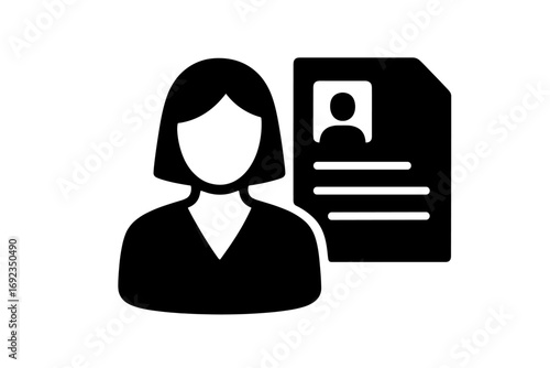 Woman with resume icon, job candidate profile symbol, human resources glyph for curriculum vitae and employment application