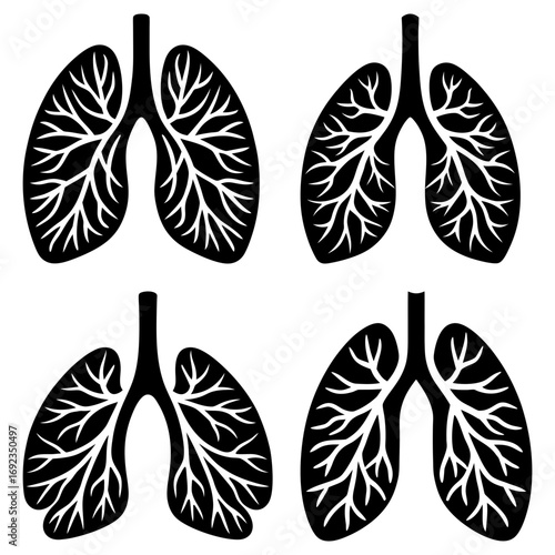 Four stylized black lung illustrations with intricate branching patterns on a white background display health