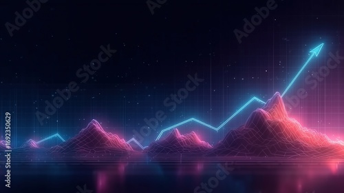 Red and purple laser curve light with K-line trend, neon style mountain peak abstract background illustration for fintech concept design and data visualization
