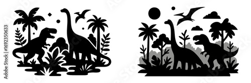 Black and white dinosaur silhouette set featuring Tyrannosaurus Rex, Brachiosaurus, and Pterodactyl in a prehistoric jungle landscape