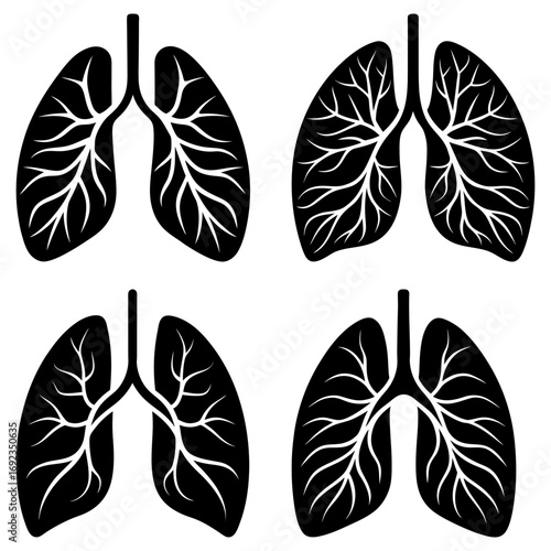Four black lung illustrations with detailed branching structures on a white background in a square format