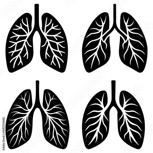 Four black lung illustrations with detailed branching structures on a white background showing anatomy