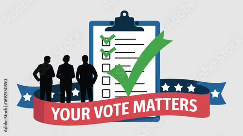Clipboard with checkmarks and silhouettes with your vote matters banner illustration art