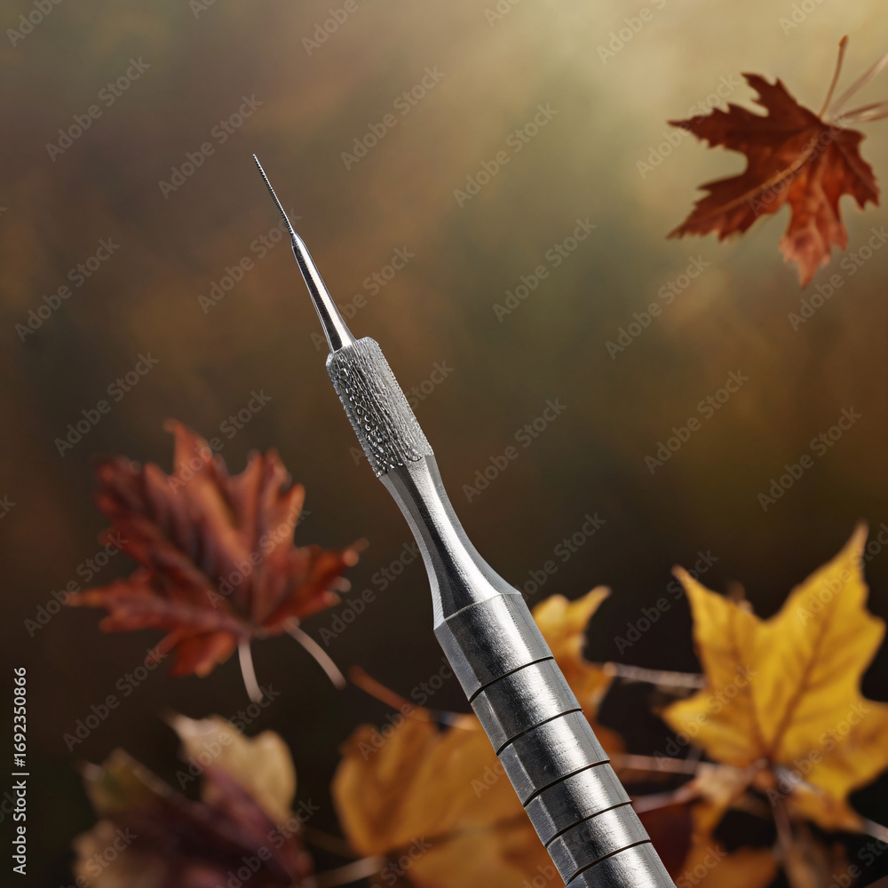 Autumn leaves swirling around a shining metal instrument. Artistic photography, illustrations, thematic decor. Autumn leaves swirling around a shining metal instrument. Artistic photography, illustrations, thematic decor.