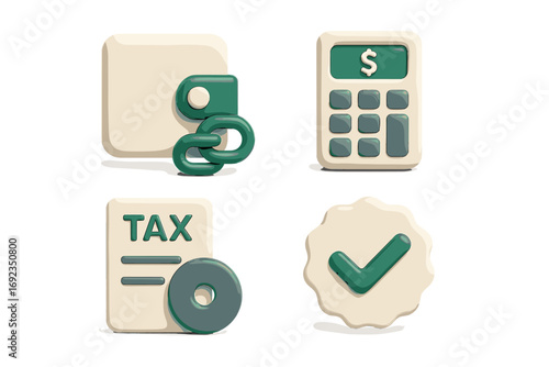 Set of finance and tax icons including a wallet, calculator with dollar sign, tax form, and verification checkmark badge