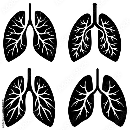 Four black and white lung illustrations showing the respiratory system anatomy and branching structure detail