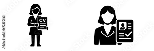 Businesswoman with CV resume and approved candidate profile glyph icon set for job search, recruitment, and human resources