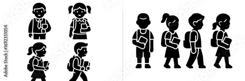 Black and white student icons depicting children in uniform walking in a line with backpacks and books for back to school