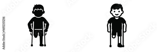 Black glyph icon set of a young boy with a physical disability using crutches after a leg amputation for mobility