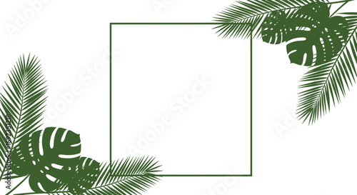 Tropical green leaves and a square frame on a white background, perfect for a natural design or invitation.