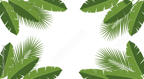 A vibrant illustration featuring lush green tropical leaves framing a blank white space, perfect for design or text.