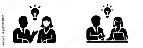 Solid black glyph icon set showing business people collaborating in a meeting, brainstorming, and generating a new idea