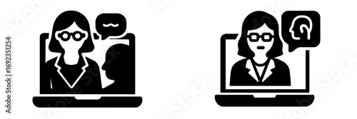 Online therapy and mental health consultation icon set showing a psychologist on a laptop screen during a virtual counseling session