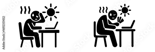 Employee experiencing discomfort and sweating from intense heat at office desk during summer heatwave