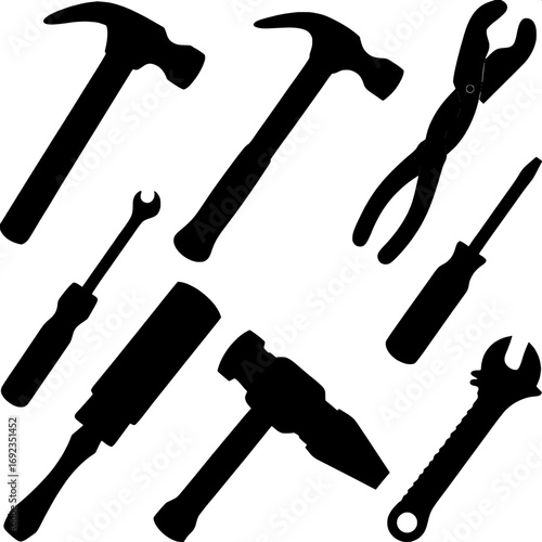 Overhead icon pack of nine black construction tools, pure contrast with white background, practical and functional style.