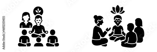 Group meditation and mindfulness class glyph icons set for wellness and spiritual practice with a teacher