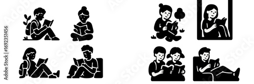 Various individuals and pairs engrossed in reading books, depicting quiet moments of learning and leisure