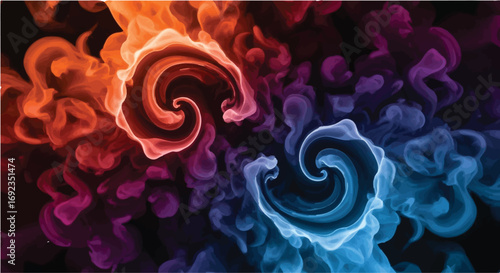 Vibrant swirls of colorful smoke create a mesmerizing abstract pattern of contrasting warm and cool tones.