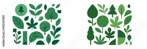 Diverse collection of stylized green leaves, trees, and natural elements in a modern flat graphic design