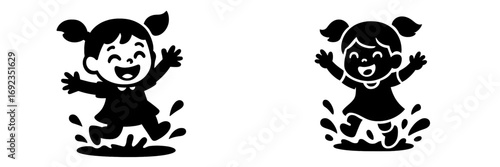 Happy cartoon girl with pigtails joyfully playing and splashing in a water puddle, black and white silhouette for childhood fun and outdoor activity