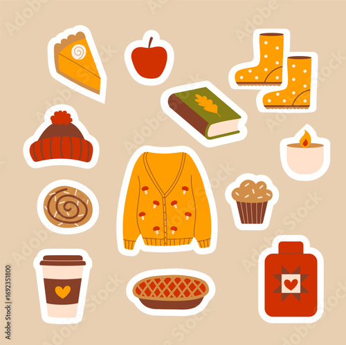 Cozy Autumn Elements Stickers, Fall Hand Drawn Icons Flat Illustrations