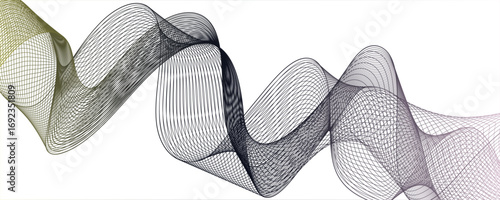 Abstract digital wave pattern consisting of smooth, flowing lines in a teal black gradient. Waves curve and overlap fluidly, stretching horizontally across with soft gradients.Freshness.
