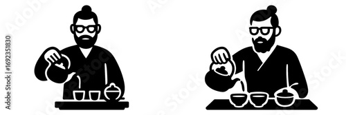 Stylized man with beard and glasses pouring hot tea from a teapot into cups for a traditional tea ceremony
