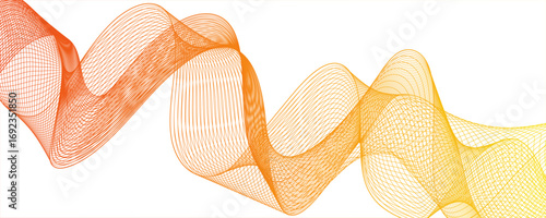 Abstract digital wave pattern consisting of smooth, flowing lines in a teal golden gradient. Waves curve and overlap fluidly, stretching horizontally across with soft gradients.Freshness.