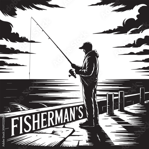 A Stark Black and White Silhouette Illustration of a Fisherman