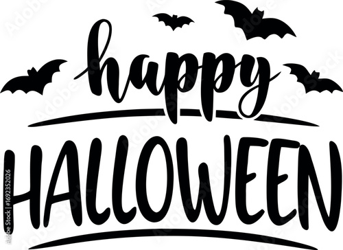 Happy Halloween festive lettering with flying bat silhouettes. Spooky and fun graphic design element for holiday celebrations, invitations, and decorations