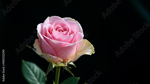 A stunning close-up of a delicate pink rose with shimmering water droplets, isolated on a solid black background.