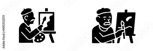 Painter artist character in a beret holding a palette and paintbrush at an easel with a canvas for a creative hobby or profession