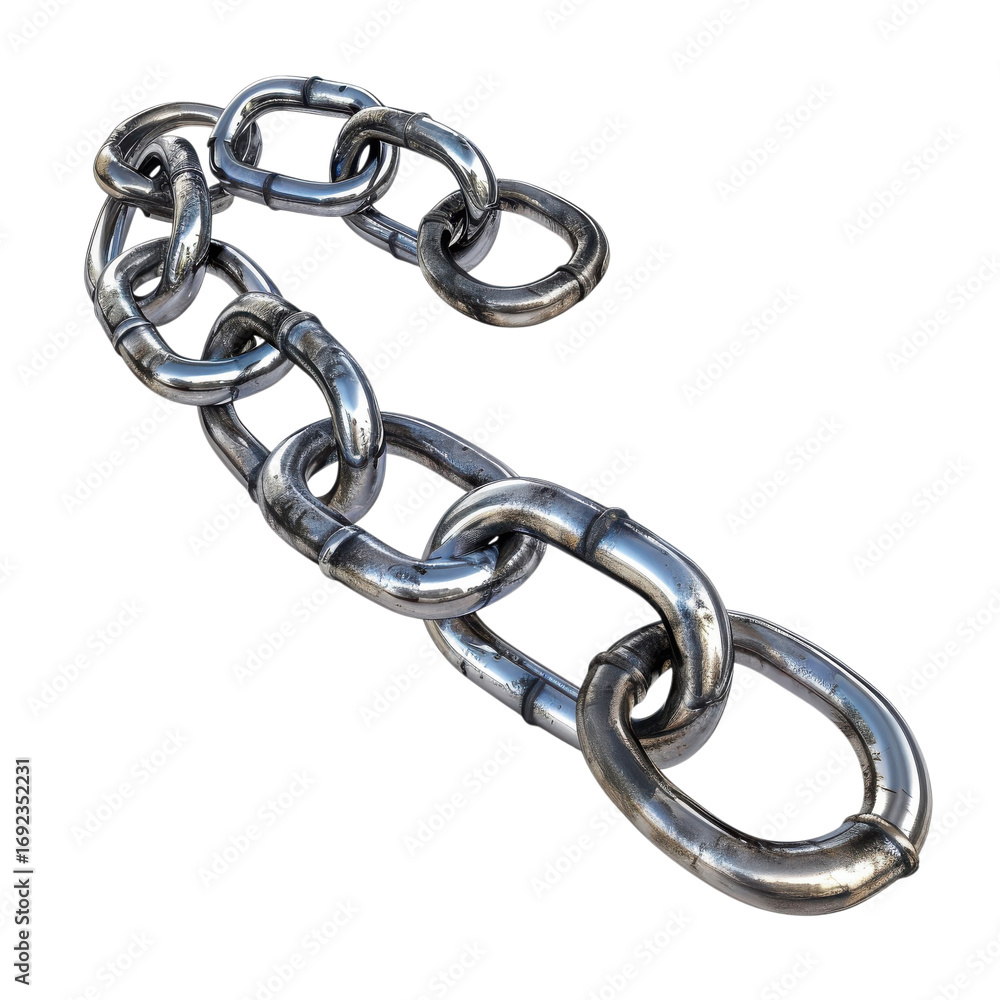 Obraz premium Heavy metal chain lying on a white background, showcasing its strong links and polished surface with reflections