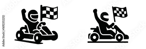 Black silhouette icon set of a go-kart driver celebrating a win with a checkered flag for racing and championship themes