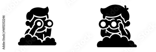 Black silhouette icon set of a person with binoculars hiding in a bush for concepts of spying, searching, and observation