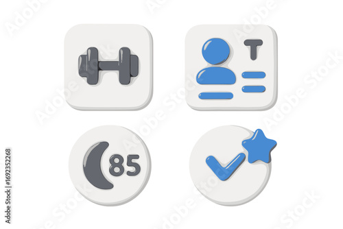 Set of 3D icons for fitness and health tracking app interface including dumbbell for workout, user profile, sleep score, and achievement checkmark