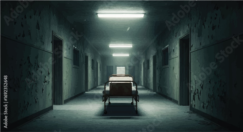 Eerie hospital corridor with an empty gurney, evoking a sense of dread and mystery