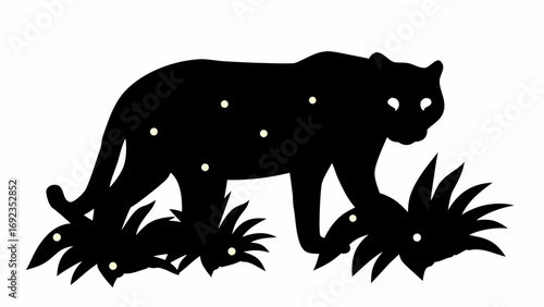 Silhouette of a black panther walking through grass with white dots on its body and grass area