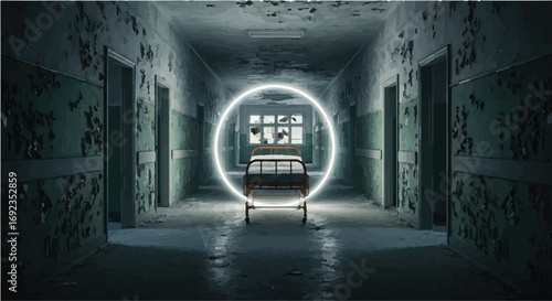 Eerie hospital hallway with a glowing portal above a hospital bed, evoking mystery and the unknown.