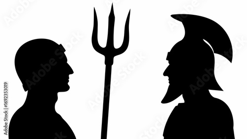 Silhouette of two figures facing each other with a trident in the middle on a white background