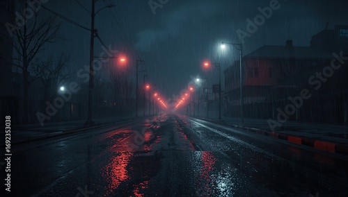 Rainy Night City, Winter Season Weather, Cold, Autumn, Rainfall, Street, Road, using generative ai