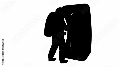 Silhouette of a person with a backpack opening a large door in a stark black and white illustration