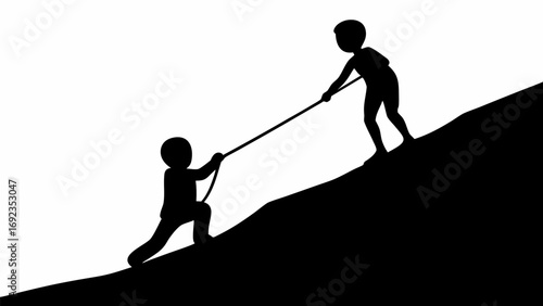 Silhouette of two stick figures one pulling the other up a hill with a rope teamwork and assistance shown