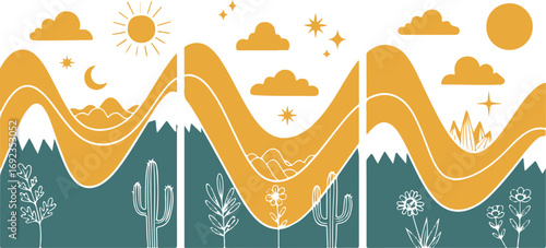 Boho Desert Landscape Illustration with Mountains Sun Moon and Cactus in Earthy Tones Modern Design