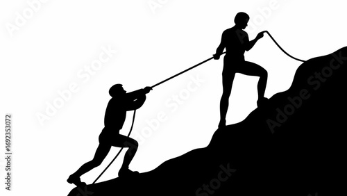 Silhouette of two figures climbing a mountain with one person pulling the other up with a rope