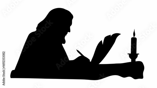 Silhouette of a man writing with a quill next to a candle on a table in black and white style