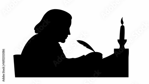 Silhouette of a person writing with a quill pen next to a candle on a table in black and white art
